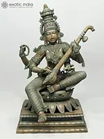 41" Large Four Armed Goddess Saraswati Seated on Lotus and Playing Veena | Madhuchista Vidhana (Lost-Wax) | Panchaloha Bronze from Swamimalai