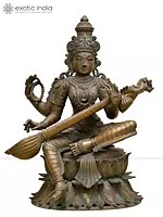 20" Sitting Goddess Saraswati Playing Veena | Madhuchista Vidhana (Lost-Wax) | Panchaloha Bronze from Swamimalai