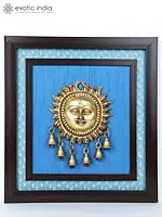 15" Lord Surya with Dangling Bells in Brass | Wood Framed Brass Sculpture | Wall Hanging Decor