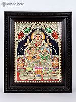 Kubera and Lakshmi Tanjore Painting | Traditional Colors With 24K Gold | Teakwood Frame | Gold & Wood | Handmade | Made In India