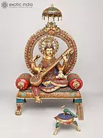 47" Four Armed Goddess Saraswati Seated on Kirtimukha Throne with Her Vahana on A Three-Legged Stool | Brass Statue with Inlay Work