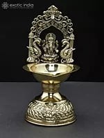 7" Superfine Lord Ganesha Diya (Lamp) in Brass with Kirtimukha Arch