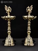 11" Brass Pair of Seven Wicks Peacock Lamps