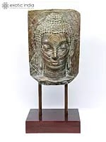 30" Bronze Meditating Buddha Head on Wood Base