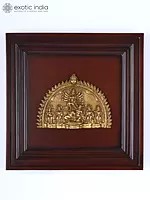 16" Brass Durga Parivar Wall Hanging Plate | Wood Framed Sculpture