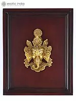 16" Lord Ganesha Mask | Wood Framed Brass Sculpture | Wall Hanging