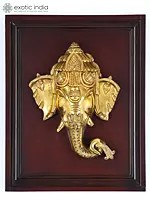 16" Wood Framed Ganesha Face in Brass | Wall Hanging