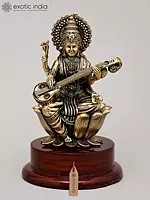 5" Small Superfine Idol of Goddess Saraswati Playing Sitar on Wood Base | Brass Statue