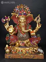 31" Large Chaturbhuja Lord Ganesha Seated in Blessing Gesture | Brass Statue with Inlay Work