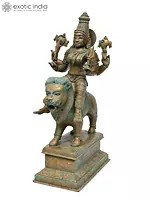 17" Four Armed Goddess Durga Seated on Lion | Bronze Statue