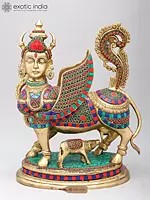 17" Brass Kamdhenu Cow and Calf  With Inlay Work | Handmade