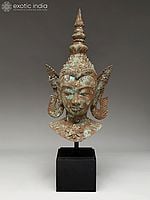 31" Thai Buddha Head on Wood Base | Balinese Brass Statue