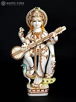 36" Large Standing Goddess Saraswati Playing Veena | White Marble Statue