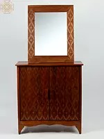 Wooden Set of Double Door Cabinet and Corrugated Framed Wall Hanging Mirror