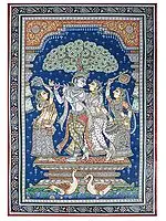 Tussar Silk Painting of Divine Pair Radha Krishna | Patachitra Artwork by ‎Ratikanta Moharana