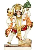 Lord Hanuman White Marble Statue Carrying Sanjeevani Mountain