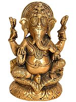 7" Four-Armed Ganesha Seated in Royal Ease Posture In Brass | Handmade | Made In India