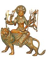 11" Mother Goddess Durga Seated on Her Lion In Brass | Handmade | Made In India