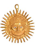 Glittering Golden-color Brass Handmade Vastu Wall Hanging of Sun God (Surya Bhagwan)