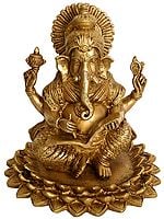 8" Lord Ganesha Seated on Blooming Lotus Scripting The Mahabharata In Brass | Handmade | Made In India