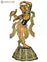 23" Apsara Statue with Peacock Applying Vermillion | Handmade Brass Murti