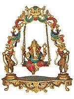 18" Brass Lord Ganesha Statue on Swing with Inlay Work | Handmade | Made in India