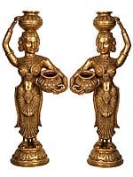 35" Pair of Large Size Krishna's Gopis (Milk Maidens) In Brass | Handmade | Made In India