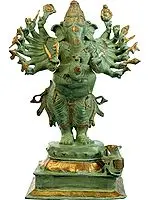 23" Handcrafted Sixteen-Armed Vira-Ganesha Brass Sculpture | Traditional Indian Masterpiece