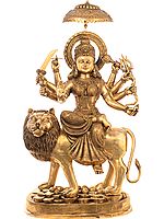 62" Simhavahini Durga, Atop Her Leonine Vahan On A Mountaintop In Brass | Handmade | Made In India