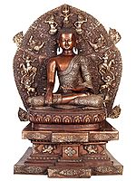 34" Buddha In Bhumisparsha Mudra, Seated On The Mystical Throne Of Enlightenment In Brass | Handmade | Made In India