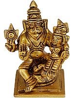 Small Small Small 2" Narasimha, Seated With Lakshmi In Brass | Handmade | Made In India