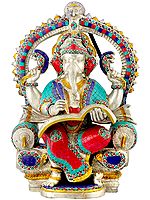 17" Raja Ganesha Writing The Mahabharata In Brass | Handmade | Made In India