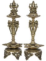 19" Lakshmi Ganesha Auspicious Lamps in Brass | Handmade | Made In India