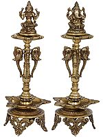 19" Lakshmi Ganesha Auspicious Lamps In Brass | Handmade | Made In India