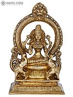 11" Devi Lakshmi as Kamala with Kirtimukha Aureole In Brass | Handmade | Made In India