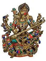 37" The Ethereal Sarasvati Cradles her Veena In Brass | Handmade | Made In India
