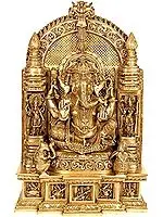36" Brass Ganesha Seated in Royal Ease Posture with Lakshmi & Saraswati, Depicting Ganesha as Musician