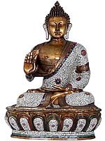 45" Large Inlay Buddha On Lotus Seat - Tibetan Buddhist In Brass | Handmade | Made In India