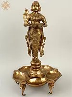 17" On A Tray of Lamps, The Graceful Deepalakshmi with A Lamp in Her Hands | Made In South India