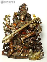 33" Superfine Chaturbhujadharini Devi Saraswati In A Network Of Vines | Brass Statue | Handmade | Made In India