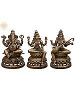 35" Large Lord Ganesha, Maa Lakshmi and Devi Saraswati (Set of 3 Bronze Statues)