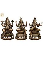 36" Large Lord Ganesha, Maa Lakshmi and Devi Saraswati (Set of 3 Bronze Statues)
