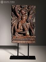 14" Wood Carved Lord Hanuman on Iron Stand