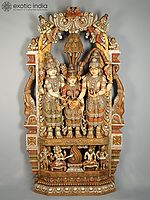 86" Large Wood Lord Shiva and Parvati Vivah Idol with Beautiful Carving