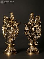 10" Pair of Gandharvas Lamps in Brass