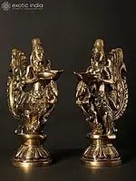 10" Pair of Gandharvas Lamps in Brass