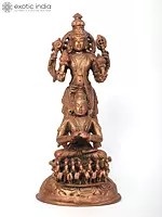 7" Lord Surya Narayana Copper Statue Standing on His Seven Horses Chariot