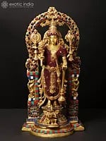 16" Standing Lord Vishnu on Kirtimukha Throne with Garuda | Brass Statue with Inlay Work