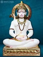15" Lord Hanuman Meditation Positon Statue In Marble | White Makrana Marble Statue