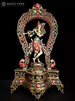 31" Large Murli Manohar Krishna Idol on Pedestal with Peacock Prabhavali | Inlay Brass Statue
